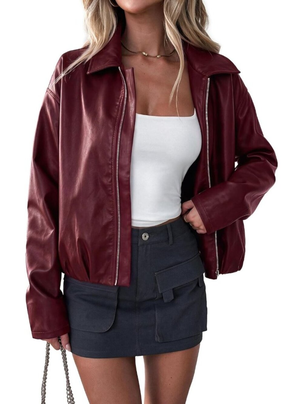 Women's Burgundy Faux Leather Motorcycle Casual Long Sleeve Cropped Jackets